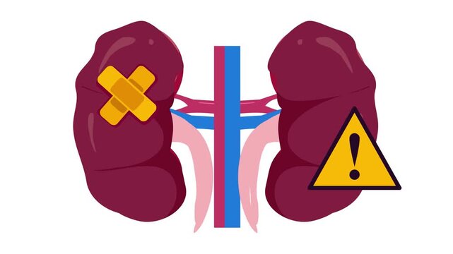 Medical illustration of human kidneys with a bandage icon and warning symbol representing kidney disease and health issues renal urology anatomy organ failure