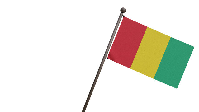 A realistic 3D render of the Guinea national flag waving on a wooden flagpole, isolated against a transparent background with copy space