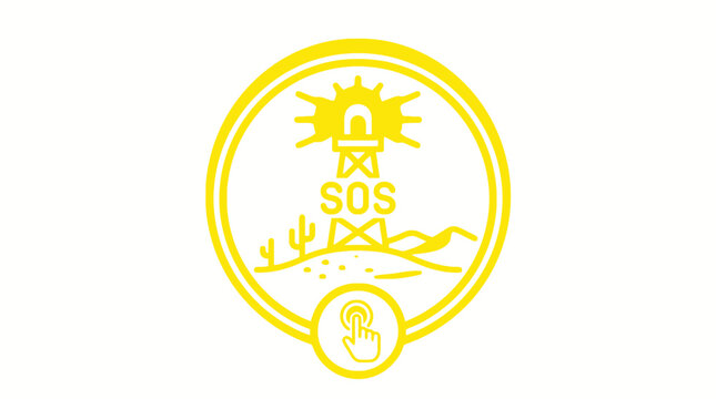 SOS signal in desert landscape with beacon and click icon