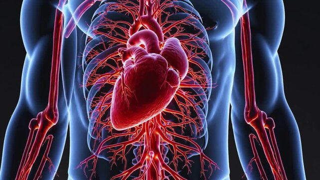Medical visualization of a beating human heart with detailed circulatory system and arterial connections cardiovascular anatomy blood artery vein