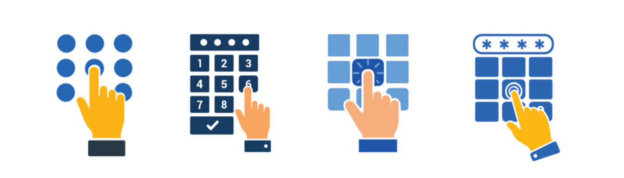 Password keypad login icons set, Pin code entry, touchscreen authentication and secure access vector collection