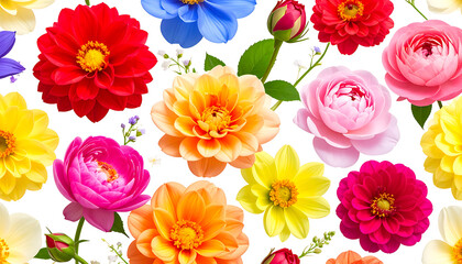 Fototapeta premium Colorful floral pattern with dahlia and rose flowers, garden blooms, spring and summer beauty, botanical design, fresh elements