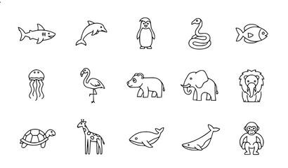 Obraz premium Animals Thin Line Icons Set Zoo Marine Animals and Mammals Vector Collection