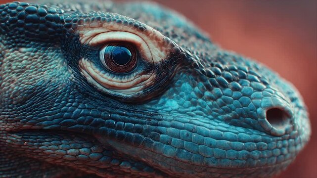 Close-up of a reptile's face, featuring eye and scales with blue and brown hues