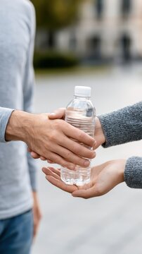 Two hands exchange a water bottle, showcasing an act of sharing and hydration during an outdoor moment