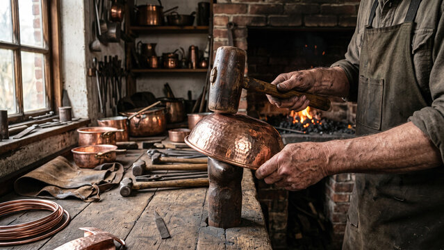 Artisan Coppersmith Hammering a Hand-Raised Bowl in a Rural Forge, Traditional Metalwork, Skilled Craft and Local Industry