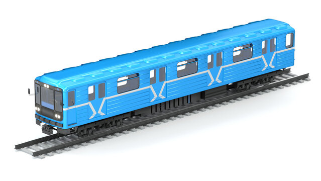Blue subway train wagon on railway tracks isolated on white background. Isometric full view of electric modern metro carriage vehicle. Public transportation model template with copy space. 3d render