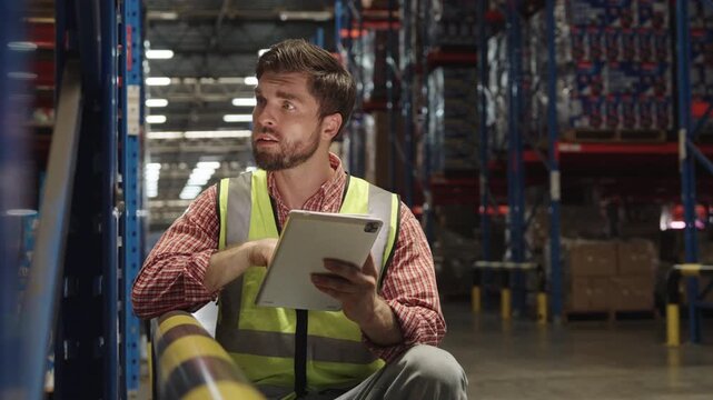 Focused warehouse worker intently reviews tablet data while seated on the floor in brightly lit industrial facility wearing plaid shirt and protective vest for operational assessment.