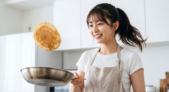 キッチンで笑顔でパンケーキをひっくり返すエプロン姿の若い女性 - 料理・楽しい日常