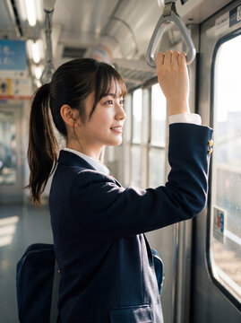 つり革に掴まり電車の外の景色を眺める女子高生 - 通学・新生活・希望