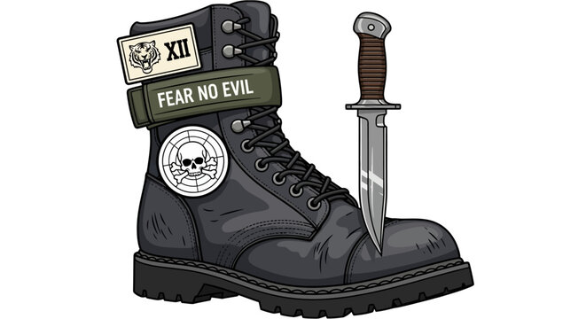 Black combat boot with knife.