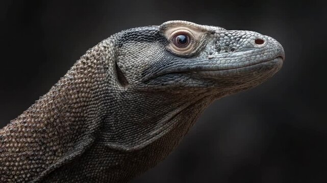 Close-up of a reptile's head. Rough scales, intense eye, and detailed skin texture are visible