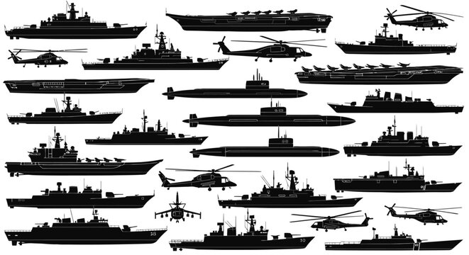 Collection of naval ships and boats.
