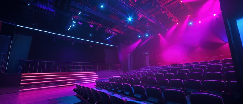 Vibrant stage lighting in empty auditorium pink and blue neon accents