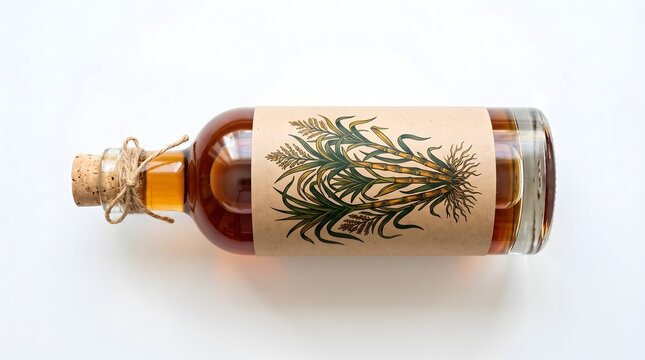 Small glass vial containing golden liquid with forest botanical label botanical apothecary packaging cosmetic wellness transparent