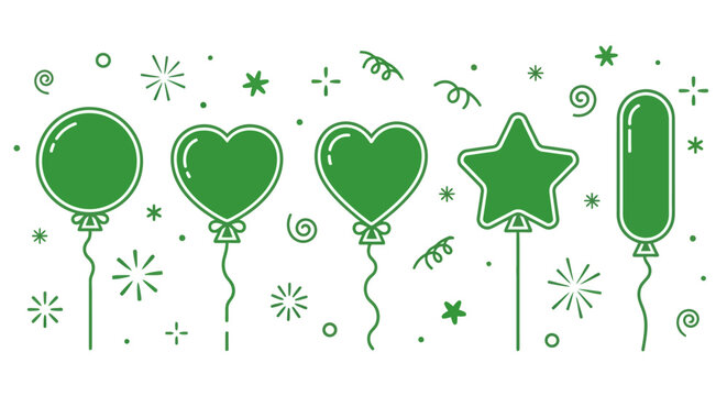Green balloons in various shapes floating.