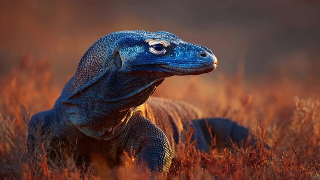 A close-up of a blue-headed lizard basking in warm sunlight in grassy field