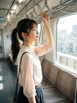 電車内でつり革に掴まり窓の外を眺める若い女性 - 通勤・お出かけ