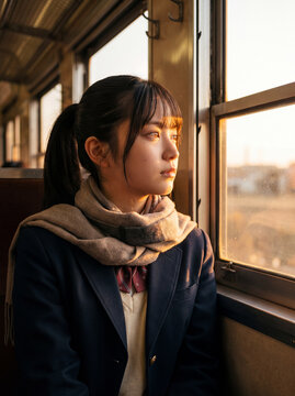 夕暮れ時の電車内で窓の外を見つめるマフラー姿の女子高生 - ノスタルジー・青春