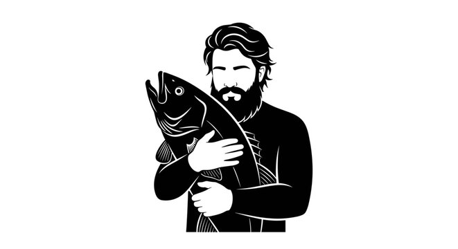 Bearded man holding a large fish monochrome illustration.