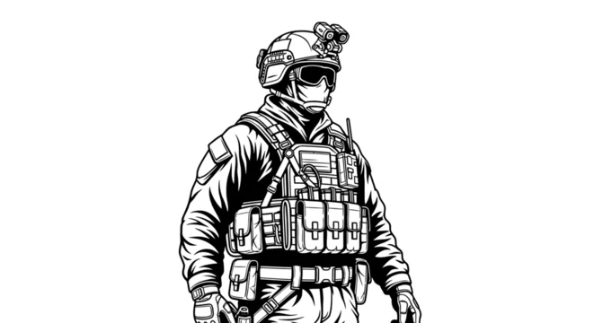 Soldier wearing tactical gear and helmet.