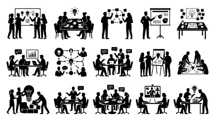 Fototapeta premium Business Meeting and Brainstorming Glyph Icons Set - Teamwork, Idea Generation, Strategy Silhouettes