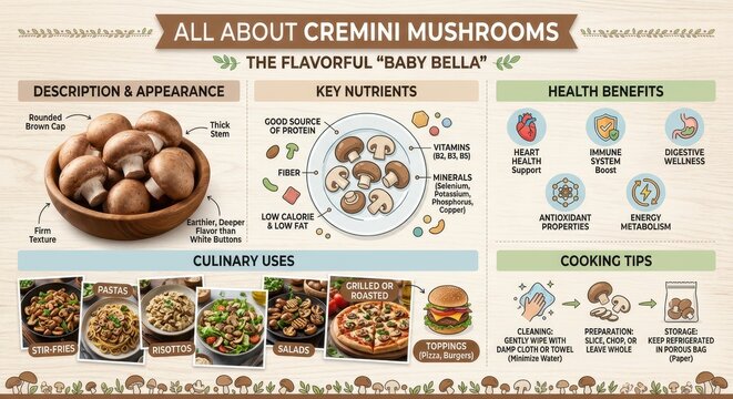 All about cremini mushrooms, the flavorful baby bella, with description, key nutrients, health benefits, culinary uses, and cooking tips