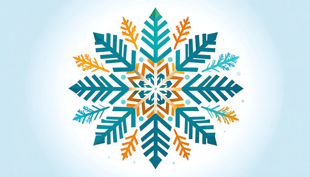 Colorful pixel art snowflake with teal, orange, and white geometric patterns, representing winter and festive themes