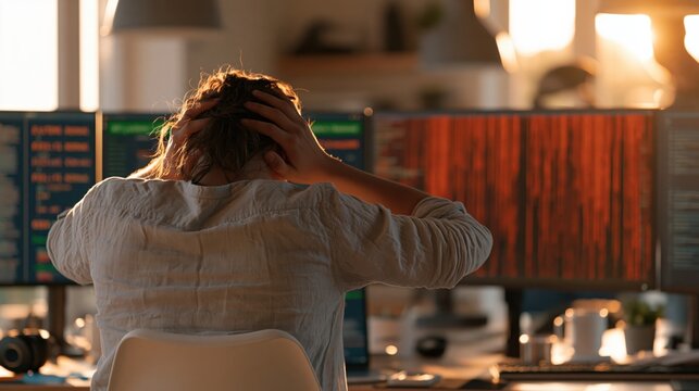 Frustrated Person in Warm Office Light with Error Screen