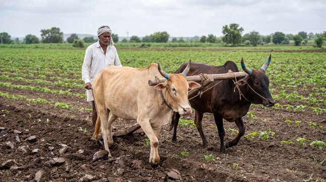 Indian farmer plowing a field with oxen using a traditional yoke, a timeless rural agriculture practice in Asia