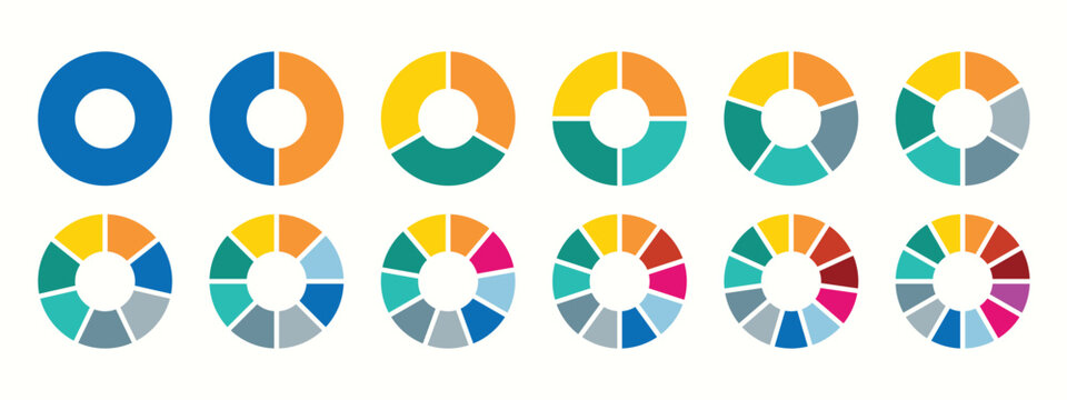 Set of Pie chart. Colorful diagram collection with sections or steps. 1,2,3,4,56,7,8,9,10,11,12 segment infographic. Circle pie chart diagram. Set of colorful pie charts with varying segments.