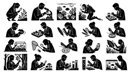 Fototapeta premium Science Research Icons: Scientists Study Plants, Animals, Microbes in Lab, Field
