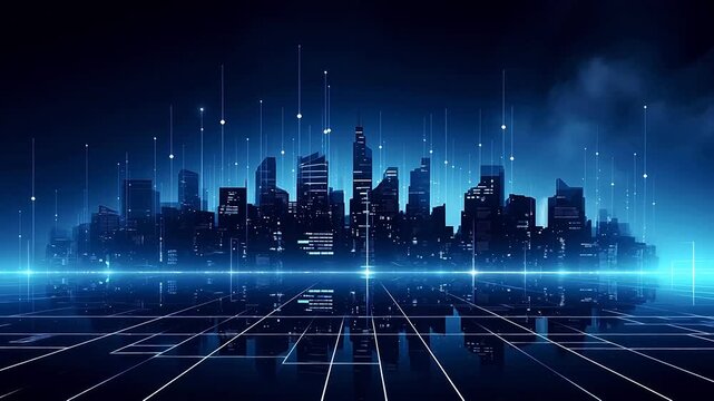 Digital technology dark blue modern city theme background