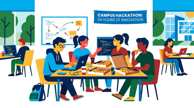 Diverse students collaborating at campus hackathon, coding, brainstorming, eating pizza