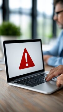 Close-up of a laptop screen shows a cybersecurity warning in a dark space with blue tones. The background is blurred