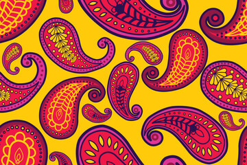 Vibrant seamless paisley vector pattern background featuring bold and bright colors. Set against a striking mustard yellow backdrop, the teardrop are filled with rich magenta pink and purple tones. © Thanawat