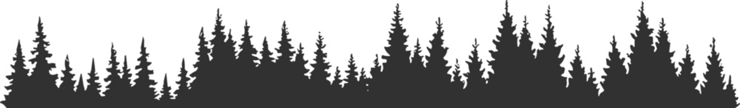 Coniferous pine forest tree line panorama black silhouette isolated on white background for outdoor wilderness and environment landscape designs