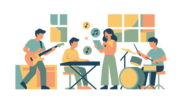 Diverse band playing music together: guitar, keyboard, drums, and singer