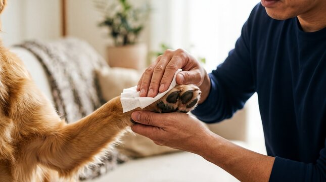 Gentle Pet Paw Cleaning at Home: Asian Male Hands Using Dog Wipes for Canine Hygiene