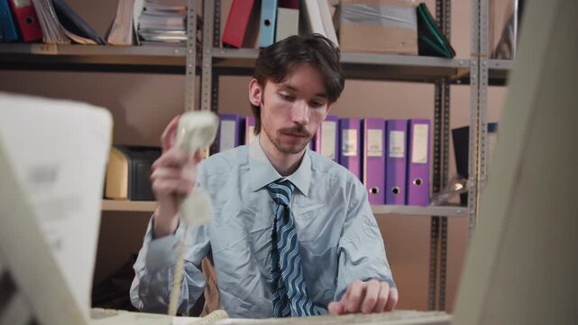 Office worker typing at desk in archive room