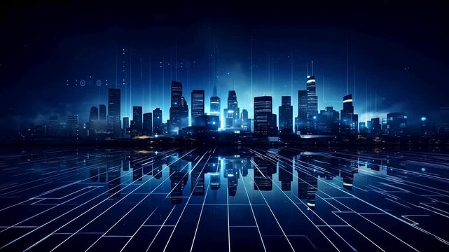 Digital technology dark blue modern city theme background