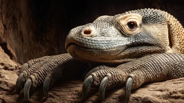 A close-up portrait of a Komodo dragon, with sharp claws and textured scales