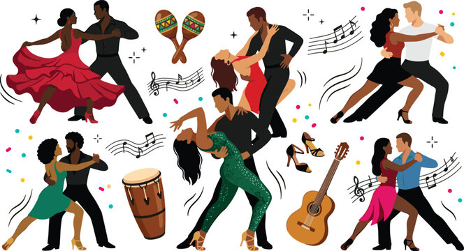 Latin Salsa Dance Couples Vector Set with Musical Instruments Maracas Conga Drum and Acoustic Guitar for Ballroom Festival Graphic Designs