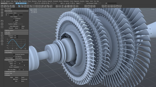 3d cad software interface screenshot showing industrial design process of a complex metallic turbine engine. Engineering modeling program with tools for machinery manufacturing concept. 3d render