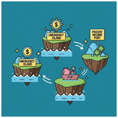 Cartoon pig on island with money. © lemon