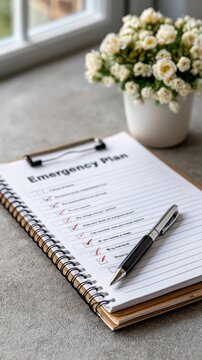 A checklist labeled emergency plan rests on a wooden table with a cup of coffee and flowers beside it, ready for use