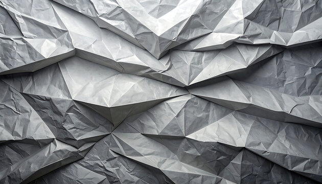 Crumbled grey paper texture with geometric folded patterns and sharp creases, abstract background, close-up