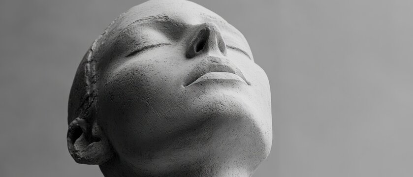 Grayscale sculpted human head close up view rough texture calm expression
