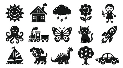 Obraz premium Kids Childhood Glyph Icons Set: Black and White Flat Symbols for Early Education Play