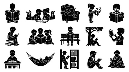 Obraz premium Black White Glyph Icons: Children Reading Books, Education Learning Icons
